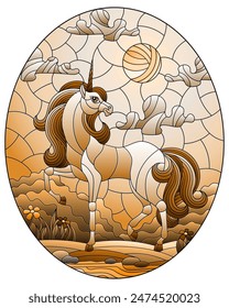 Ilustración en estilo vitral con un unicornio sobre el fondo de un arroyo, cielo nublado y sol, tono marrón