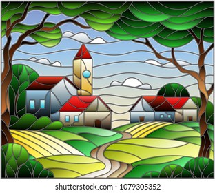 Illustration in stained glass style, urban landscape,roofs and trees against the day sky and sun