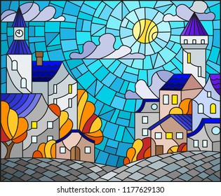 Illustration in stained glass style, urban autumn landscape,roofs and trees against the day sky and sun