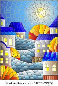 Illustration in stained glass style, urban autumn landscape,roofs and trees against the day sky and sun