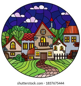 Illustration in the stained glass style of an urban landscape, cozy village houses against the night sky, oval image