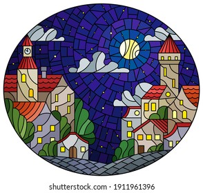 Illustration in stained glass style, urban landscape,roofs and trees against the starry nighr sky and moon, oval image