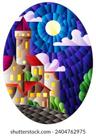 Illustration in stained glass style, urban landscape,roofs and trees against the starry sky,clouds and moon