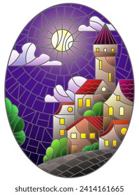 Illustration in stained glass style, urban landscape,roofs and trees against the starry sky,clouds and moon