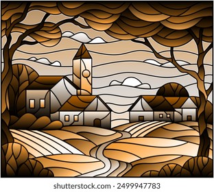Illustration in stained glass style, urban landscape,roofs and trees against the day sky and sun, tone brown