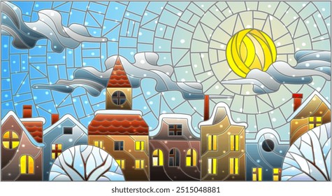 Illustration in stained glass style, urban landscape,snow-covered roofs and trees against the sky, sun , clouds and snow