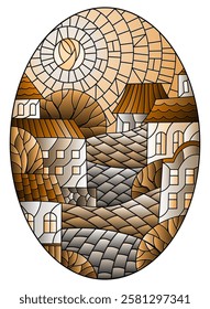 Illustration in stained glass style, urban landscape,roofs and trees against the day sky and sun, oval image, tone brown