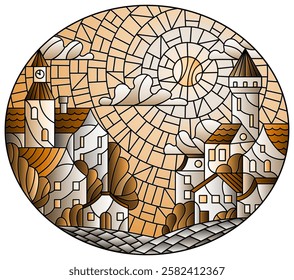 Illustration in stained glass style, urban landscape,roofs and trees against the day sky and sun, oval image, tone brown