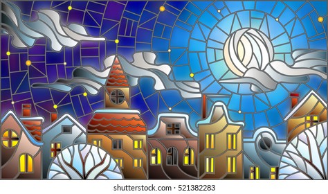 Illustration in stained glass style, urban landscape,snow-covered roofs and trees against the night sky, moon and clouds