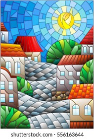 Illustration in stained glass style, urban landscape,roofs and trees against the day sky and sun