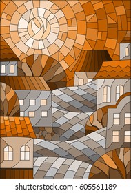 Illustration in stained glass style, urban landscape,roofs and trees against the day sky and sun,Sepia,tone brown