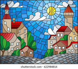 Illustration in stained glass style, urban landscape,roofs and trees against the day sky and sun
