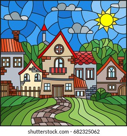 Illustration in stained glass style, urban landscape,roofs and trees against the day sky and sun