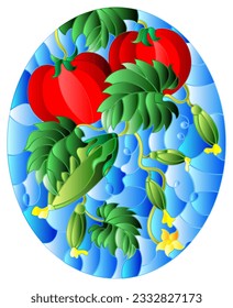 Illustration in stained glass style with vegetable composition, ripe tomatoes, cucumbers and leaves on a blue background, oval image 