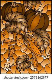 Illustration in stained glass style with vegetable composition, ripe tomatoes, cucumbers and leaves , tone brown