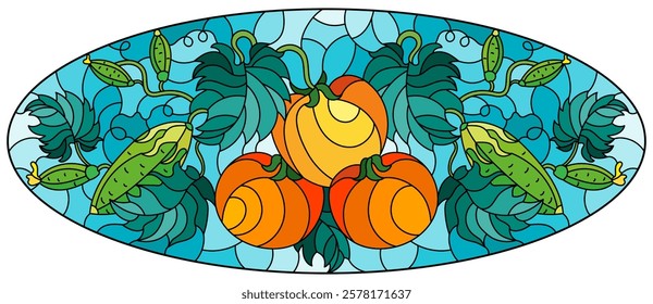 Illustration in stained glass style with vegetable composition, ripe tomatoes, cucumbers and leaves on a blue background, oval image 