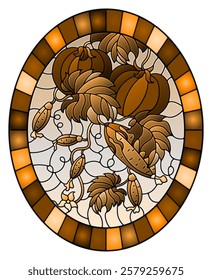 Illustration in stained glass style with vegetable composition, ripe tomatoes, cucumbers and leaves, oval image, tone brown