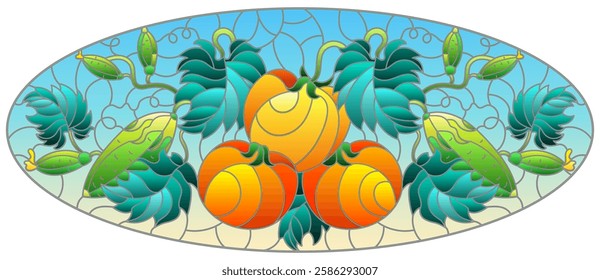 Illustration in stained glass style with vegetable composition, ripe tomatoes, cucumbers and leaves on a blue background, oval image 