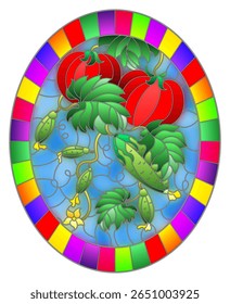 Ilustração em estilo de vidro manchado com composição vegetal, tomates maduros, pepinos e folhas em um fundo azul, imagem oval em moldura brilhante
