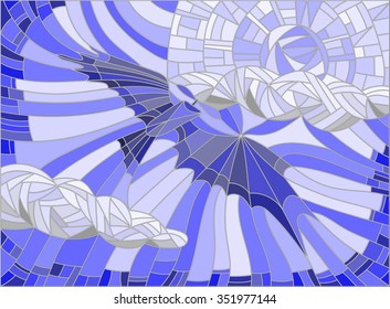 Illustration in stained glass style with vintage aircraft in the sky, clouds and sun