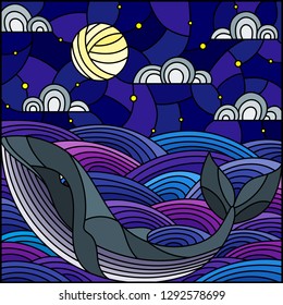 Illustration in stained glass style whale into the waves, starry sky,moon  and clouds