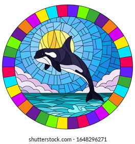 Illustration in stained glass style with a whale orca on the background of water ,cloud, sky and sun, oval image in bright frame 