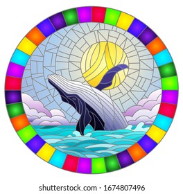 Illustration in stained glass style with a whale on the background of water ,cloud, sky and sun, oval image 