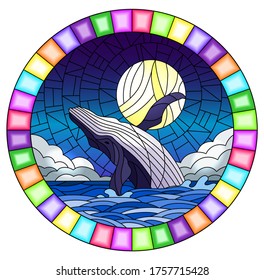 Illustration in stained glass style with a whale on the background of water ,cloud, sky and moon, oval image 