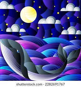 Illustration in stained glass style whale into the waves, starry sky,moon  and clouds