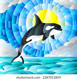 Illustration in stained glass style with a whale on the background of water ,cloud, sky and sun