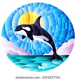 Ilustración en vidrio manchado con una orca de ballena sobre el fondo del agua, nube, cielo y sol, imagen oval