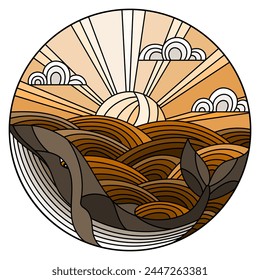 Illustration in stained glass style whale into the waves, Sunny sky and clouds, round image, tone brown