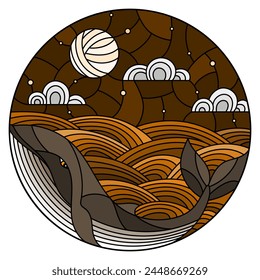 Illustration in stained glass style whale into the waves, starry sky,moon  and clouds, round image, tone brown