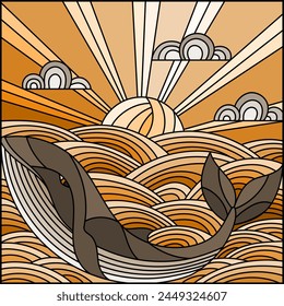 Illustration in stained glass style whale into the waves, Sunny sky and clouds, tone brown