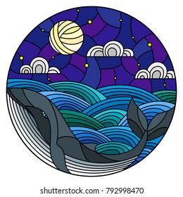 Illustration in stained glass style whale into the waves, starry sky,moon  and clouds, round image