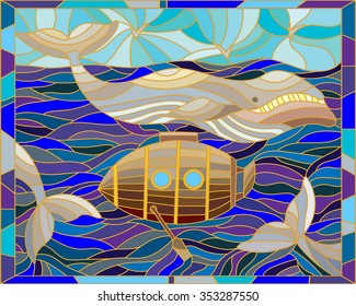 Illustration in stained glass style with whales and ancient submarine