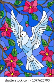 Illustration in stained glass style with a white dove on background of blue sky and flowering tree branches