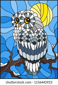 Illustration in stained glass style with white polar owl sitting on a tree branch against the sky and the sun