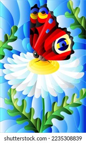 Illustration in stained glass style with a white chamomile flower and bright butterfly on a blue background
