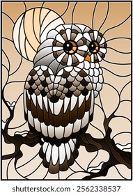 Illustration in stained glass style with white polar owl sitting on a tree branch against the sky and the sun,tone brown