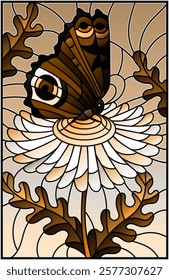 Illustration in stained glass style with a white chamomile flower and butterfly on a sky background, tone brown