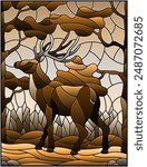 Illustration in stained glass style with wild deer on the background of trees, mountains and sky, tone brown