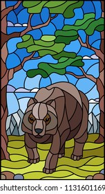 Illustration in stained glass style with wild bear on the background of trees, mountains and sky
