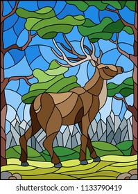 Illustration in stained glass style with wild deer on the background of trees, mountains and sky