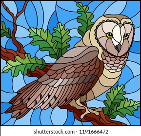Illustration in stained glass style with wild owl sitting on a tree branch oak sky background