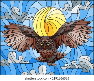 Illustration in stained glass style with wild owl flying against the sky and sun