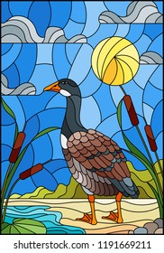 Illustration in stained glass style with wild goose on beach background with reeds and Sunny sky