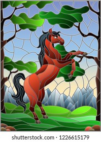 Illustration in stained glass style with wild horse on the background of trees, mountains and sky
