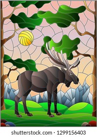 Illustration in stained glass style with wild moose on the background of trees, mountains and sky