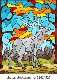 Illustration in stained glass style with wild deer on the background of autumn trees, mountains and sky